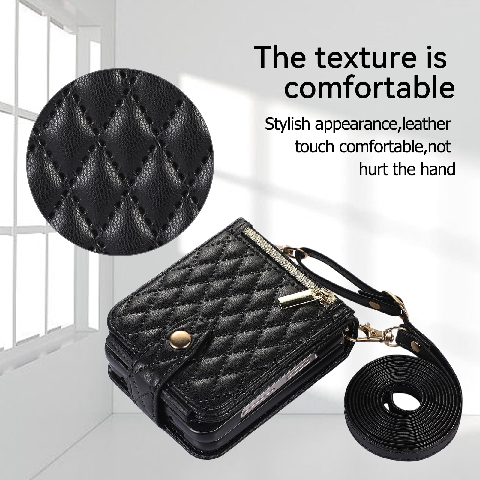 TECH CIRCLE Cover for Samsung Galaxy Z Flip4 Case with Shoulder Strap+Wristlet, Elegant Phone Handbag Design Multiple Card Slots Pocket Wallet Case for Galaxy Z Flip 4 Full Protective Shell-Black