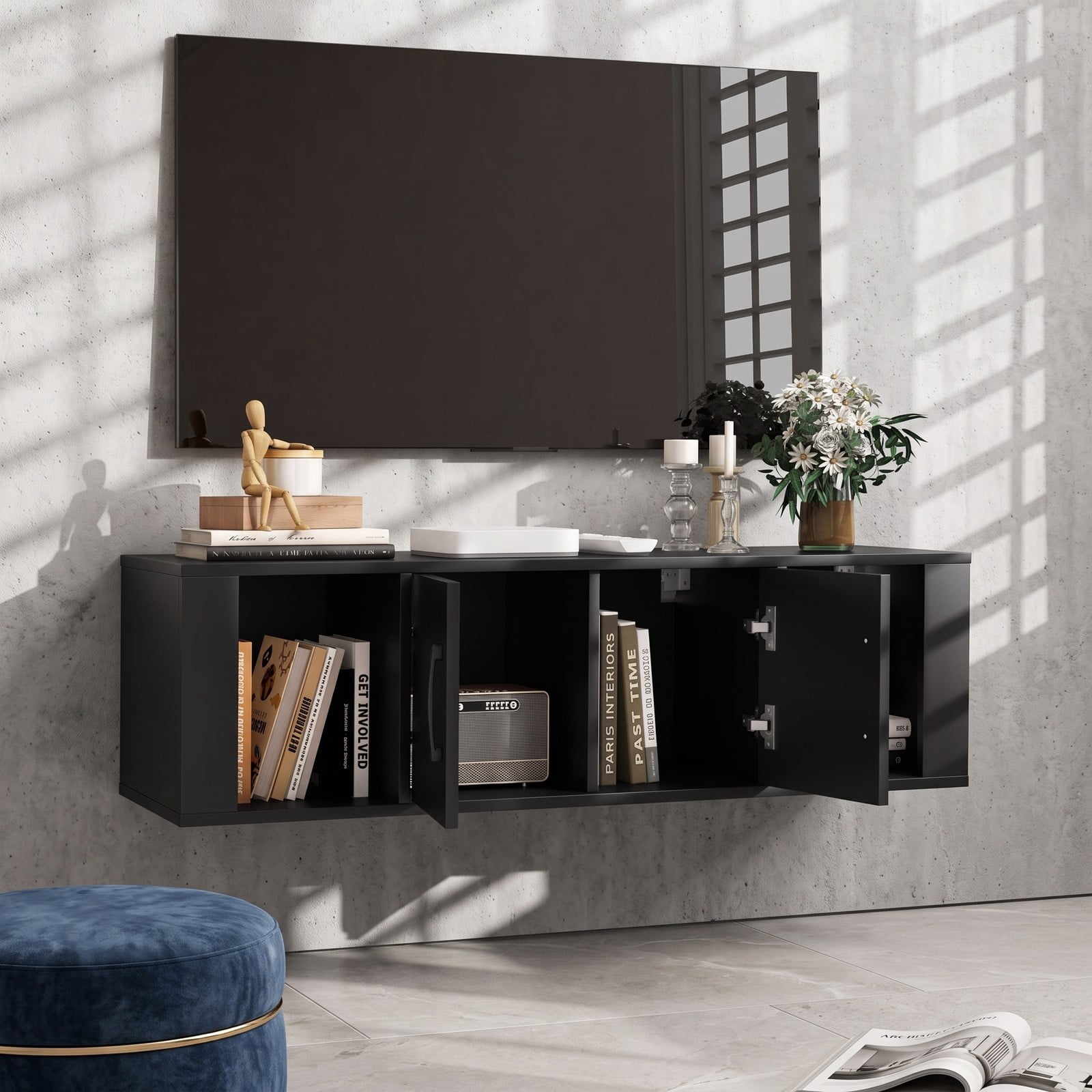 Furnibear Wall Mounted Floating Storage Cabinet, 2 Door Hutch with Open Cube Shelves, Space-Saving Media Console Hanging Desk Wood Wall Shelf for Living Room, Black