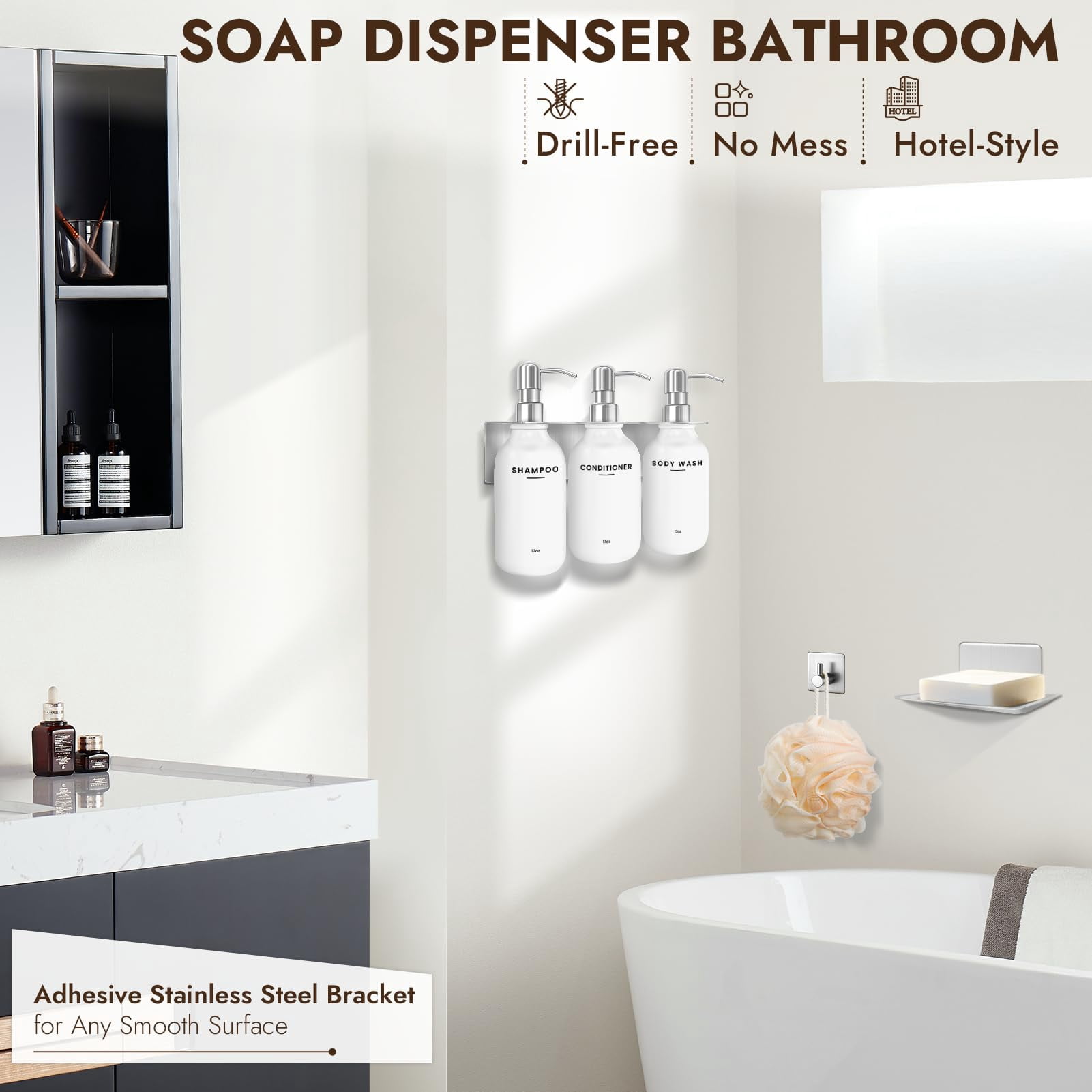 Shampoo and Conditioner Dispenser - Shower Soap Dispenser Wall Mounted - 17 fl oz Set of 3 Silver Plastic Bottles with Pumps & No-Drill Adhesive Holders for Bathroom