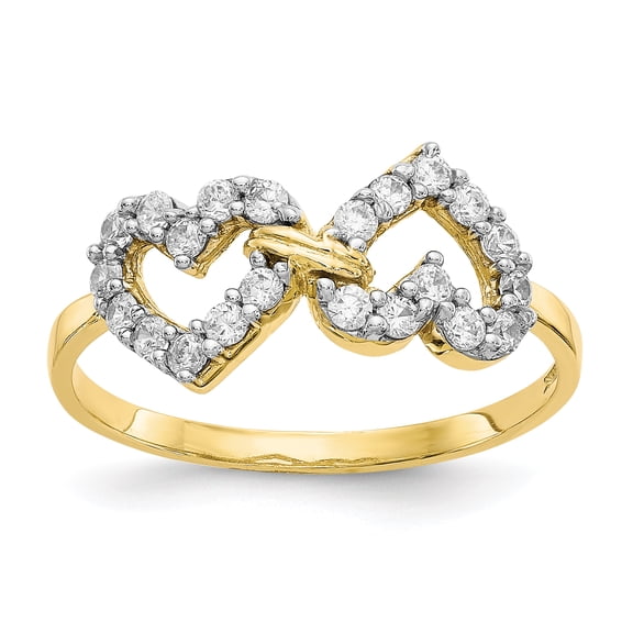 Primal Gold 10 Karat Yellow Gold with Rhodium-plated Double Heart Cubic Zirconia Ring
