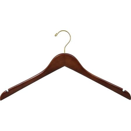 Wood Top Hanger, Box of 100 Space Saving 17 Inch Flat Wooden Hangers w/ Walnut Finish & Brass Swivel Hook & Notches for Shirt Jacket or Dress by International