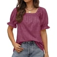 thumbnail image 1 of Camiseta de manga soplada para mujer, color puro, suelta, suave, agradable a la piel, blusa de manga corta de moda para trabajo de oficina al aire libre, 1 of 6
