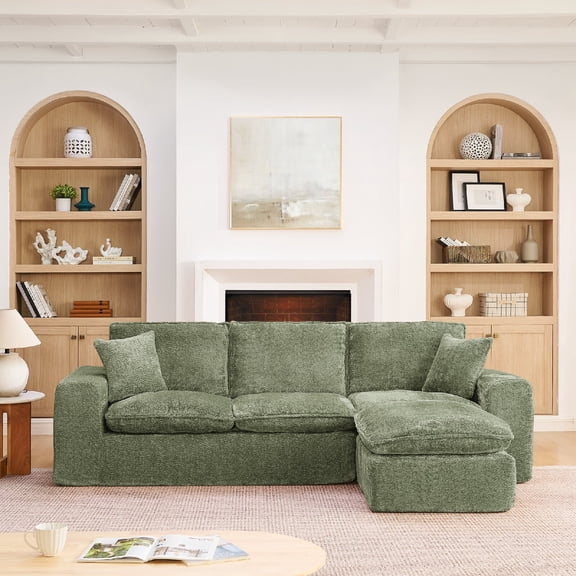 107'' Modern Boucle Comfy Cloud Sofa Couch with Moveable Ottoman, 4-Seat Chenille Deep Seat L-shaped Sectional Sofa Couch with Pillows for Living Room,DIY Combination,No Assembly Required, Green