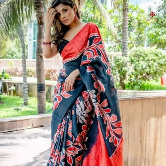 Bluish Grey Hand Painted Batik Pure Silk Saree