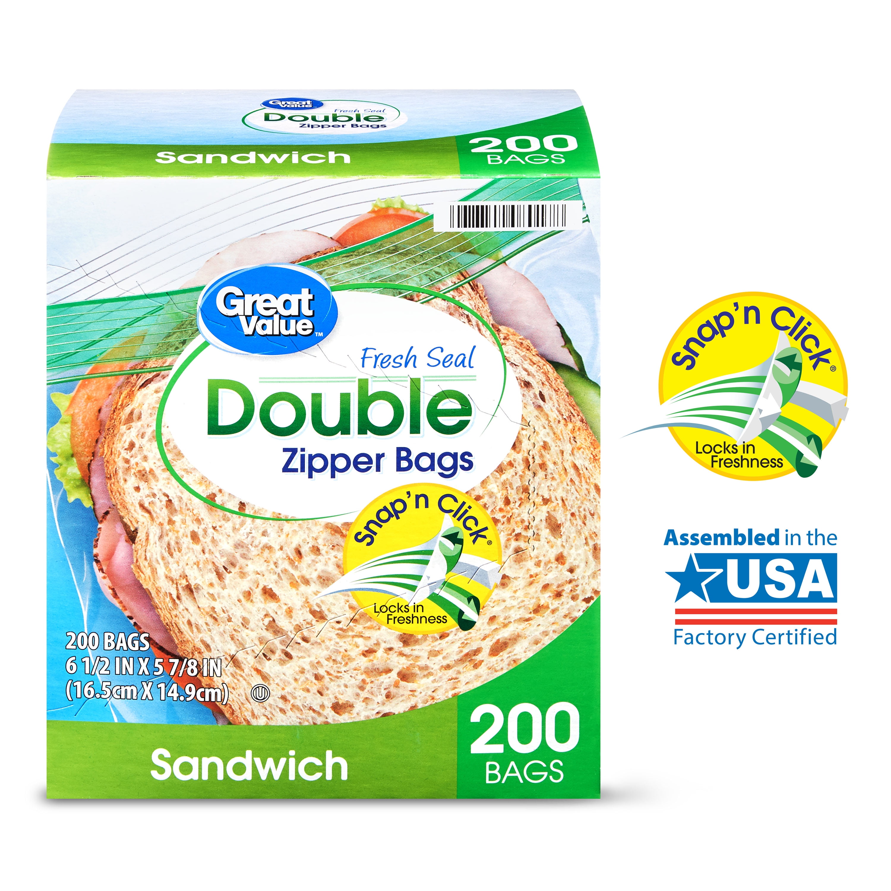 Great Value Double Zipper Sandwich Bags, 200 count