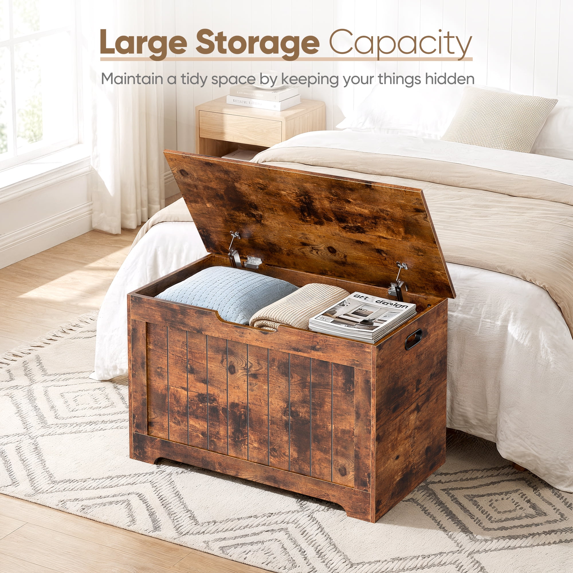SuperDeal 30-Inch Lift Top Storage Chest Wooden Home Organizer Bench with Safety Hinged Lid Large MDF Toy Box Entryway Bedroom Living Room, Rustic Brown