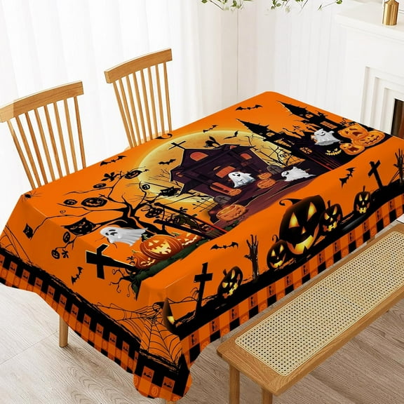 Halloween Tablecloth, Halloween Table Cloth for Rectangle Tables 60 x 84, Halloween Castle Ghost Washable Polyester Vintage Table Cover for Picnic Party Outdoor Dinner Dining Room