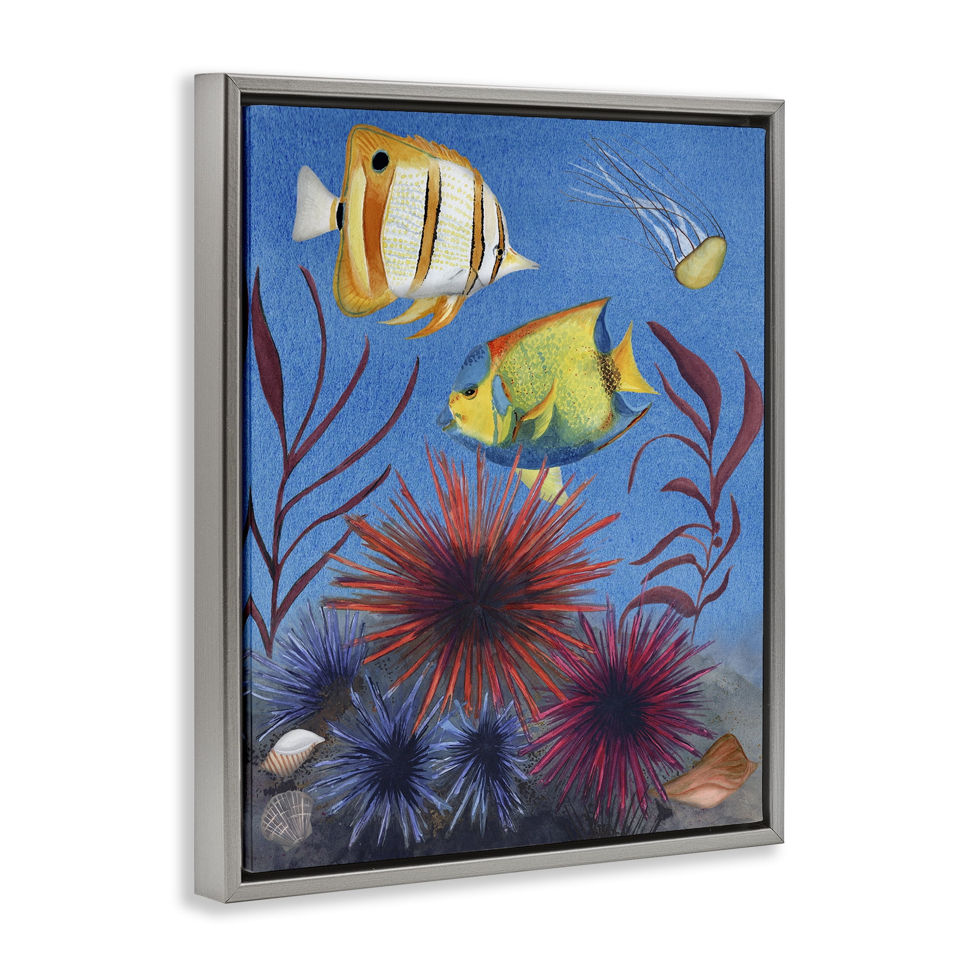 Stupell Industries Seafaring Fish & Urchins Animals Painting Gray Floater Framed Canvas Art Print Wall Art, 17 x 21
