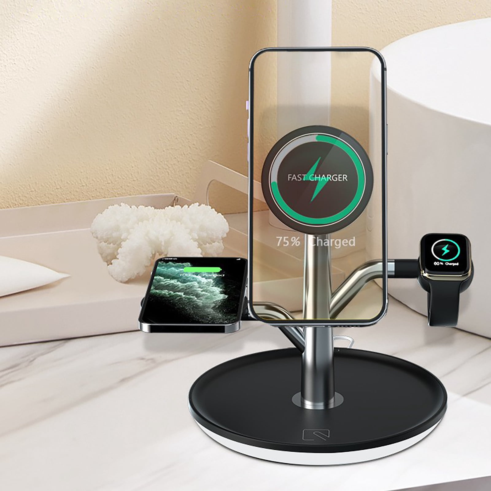 Oggfader Wireless Charger Stand Magnetic Bracket Wireless Charging Tray Suitable For Ios Phone Watch Headphones 3 in 1 Adjust Wireless Charger Black