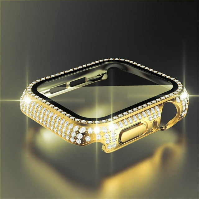 Compatible with Apple Watch Case 44mm 40mm with Screen Protector Bling Case Crystal Diamond Tempered Glass Protective Cover for Apple Watch Series 6 5 4 SE,gold