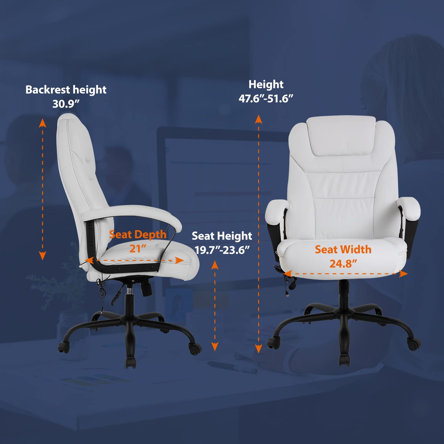 Big and Tall Executive Chair 500lb Capacity PU Leather Boss Office Desk Chair Heavy Duty High Back Computer Chair Thick Sponge Office Chair with 360°Quiet Swivel Wheels, White