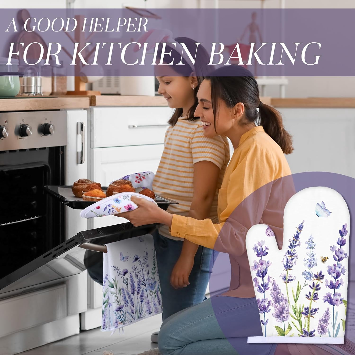 Spring Lavender Oven Mitts and Pot Holders Kitchen Dish Towels Set Purple Flower Spring Kitchen Towels and Dishcloths for Baking Cooking Women BBQ Grilling Hand Dish Gifts