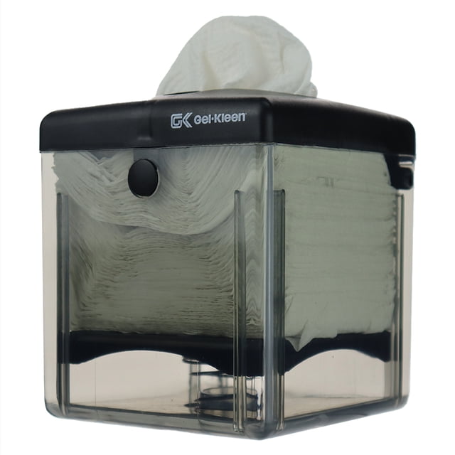 servilletero restaurante despachador de servilletas premium gel kleen despachador negro. Vista frontal centrada de dispensador cuadrado con tapa negra y cuerpo transparente ahumado; logo Gel Kleen en la tapa. Capacidad para 250 servilletas interdobladas, dos insertos para publicidad y servilletas una x una saliendo por la ranura superior; suele usarse también en barras y mesas para servicio rápido.