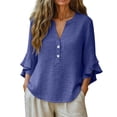 thumbnail image 4 of Xdegoge Cotton Linen Blouses for Women V Neck 3/4 Ruffle Sleeve Tops Casual Henley Shirts Loose Fit Tunic Tops for Leggings Summer Lightweight Breathable Shirts, 4 of 9