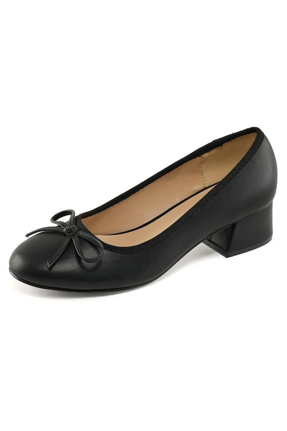 Women's Block Heel Pumps Cream PU Bow Tie Ballet Shoes Sizes 10