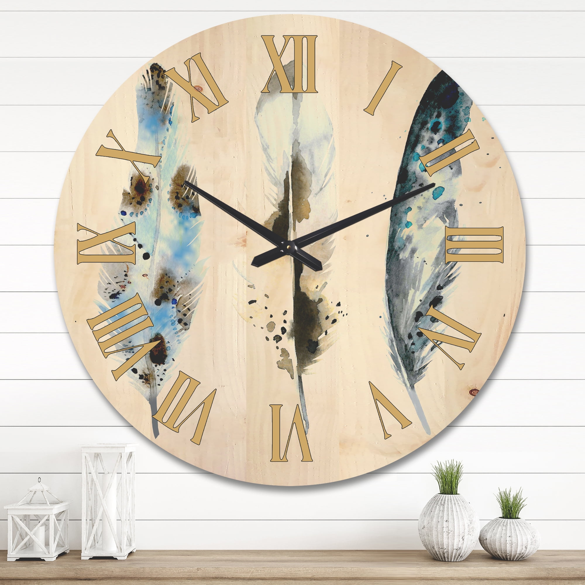 Designart 'Colourful Boho Art Feathers V' Bohemian & Eclectic Wood Wall Clock