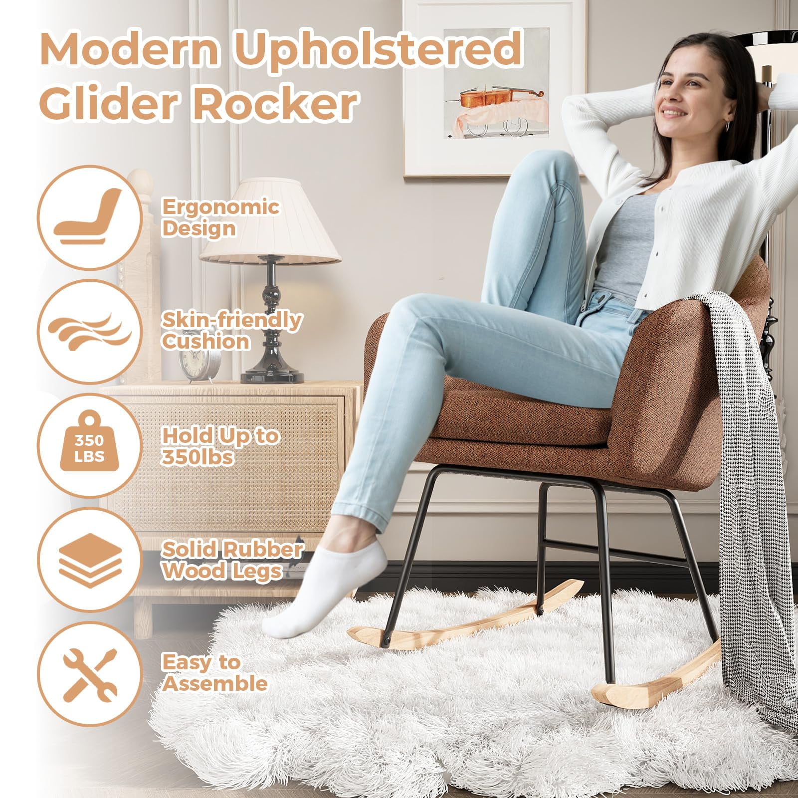 Rocking Chair Nursery, Teddy Baby Nursery Rocking Chairs, Office Chair with Chenille Upholstery,Glider Chair with Armrests and Upholstered Pad, Bedroom Rocker Chair for Baby & Kids