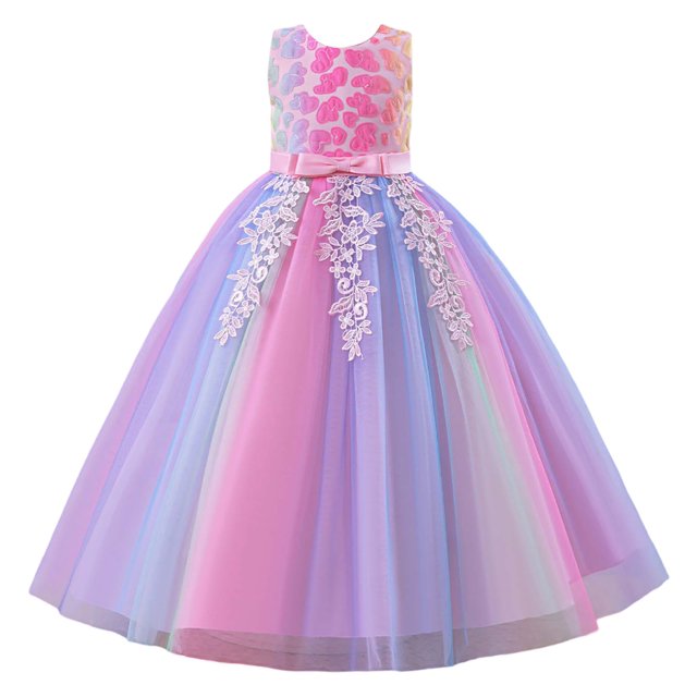 Girl Dress Child Girls Rainbow Gradient Princess Dress with Flower Embroidery for Birthday Stage Performance Christening Robe Ado Fille Pink 4 Years-5 Years