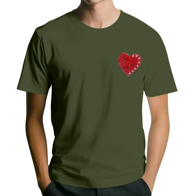 T-Shirt Graphique pour Homme de la Saint-Valentin avec Imprimé Cœur Pailleté Rouge, Tissu Doux, Tenue Décontractée d'Été et de Rendez-Vous, Vert Armée, G