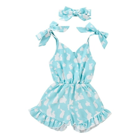 

DNDKILG Infant Baby Toddler Kids Easter with Headband Set Bowknot Jumpsuit for Girl Summer Clothes Rabbit Print Suspender Romper Light blue 6M-4Y