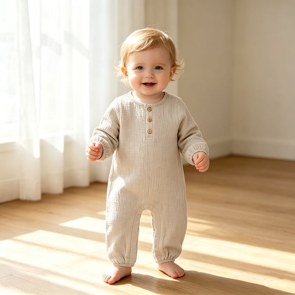 Baby Boys Long Sleeve Romper Jumpsuit Solid Color Soft Autumn Bodysuit