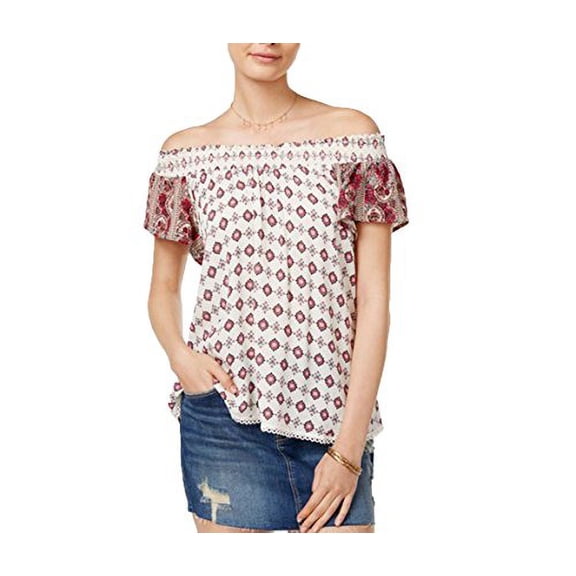 Self E Juniors' Crochet-Trim Off-The-Shoulder Peasant Top (Egret Deep Claret, S)