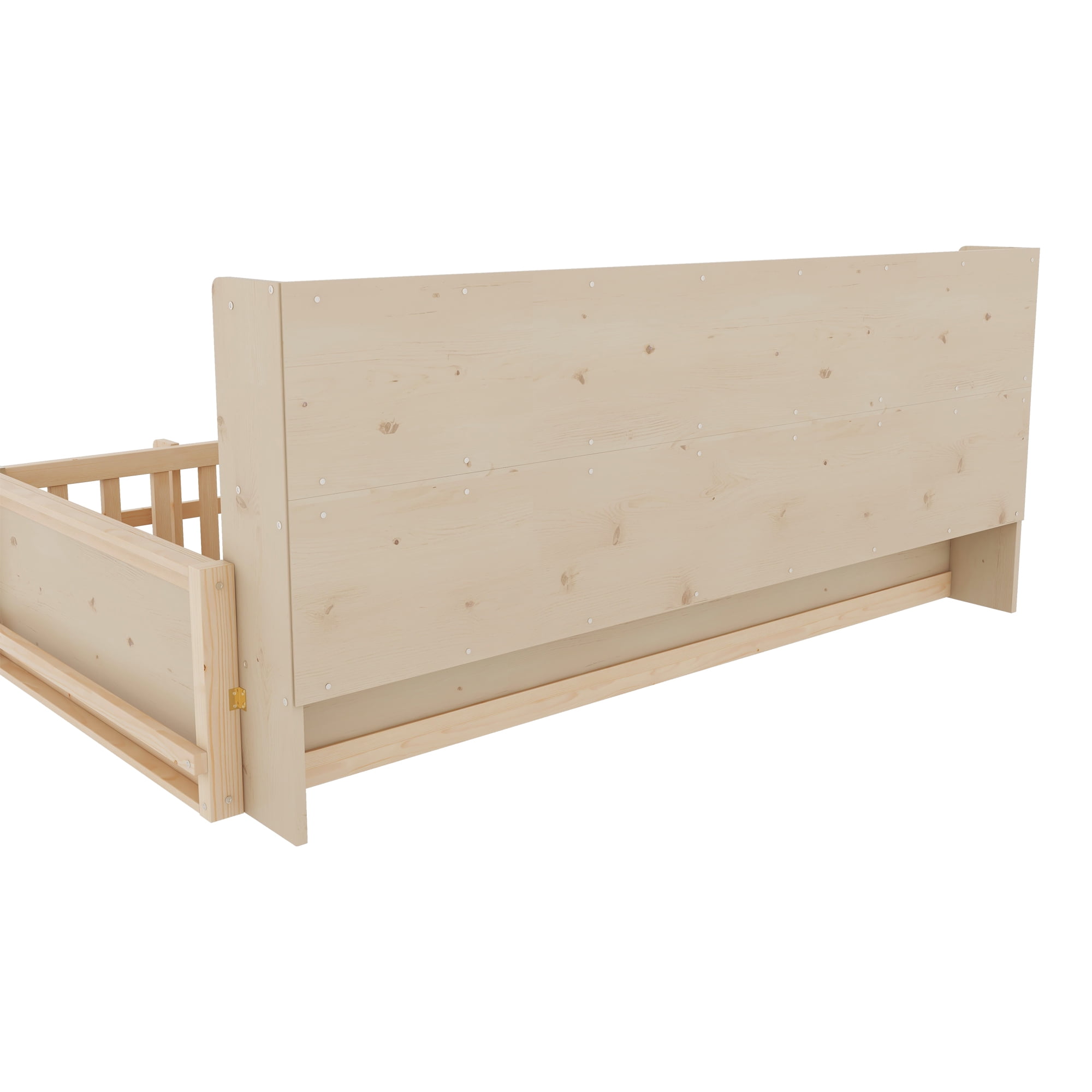 Mintazer Twin Size Montessori Floor Bed with Bookshelf & Guardrails, Kids Platform Bed Frame with Storage Cubbies for Bedroom, Natural