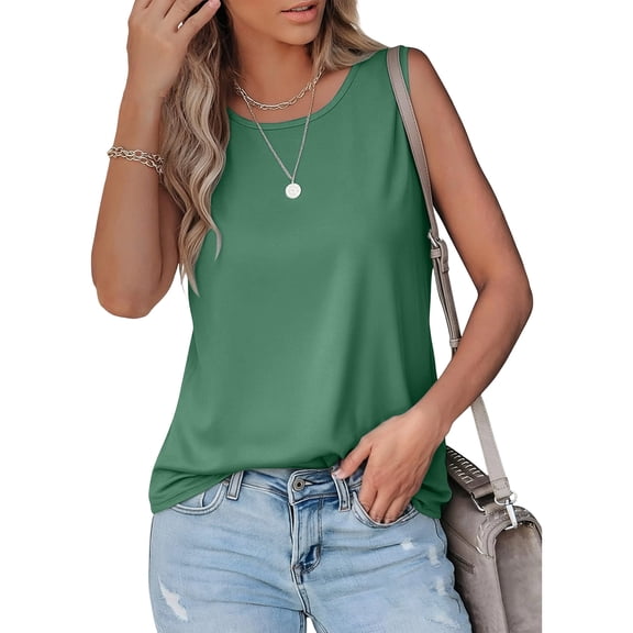 WULMLEO Women's Basic Sleeveless Tank Top Round Neck Cami Lightweight Layering Piece for Summer Outfits Loungewear Beach Activities Dark Green XL