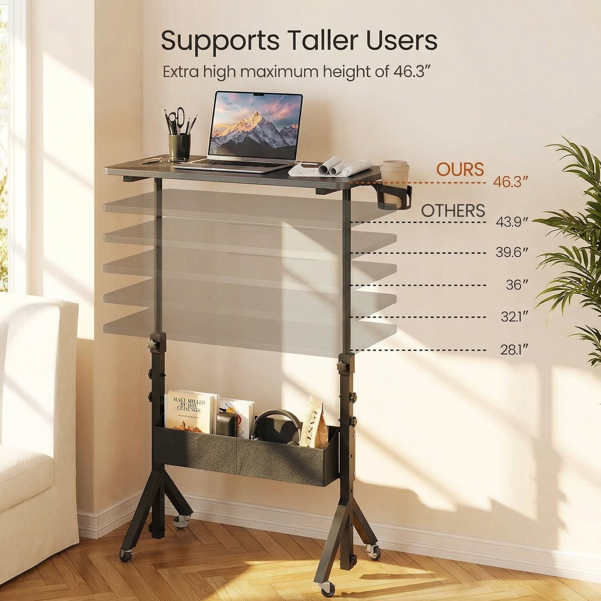 Kyspho Mobile Standing Desk with Wheels & Storage, Adjustable Height Rolling Laptop Cart with Cup Holder, Fits Treadmills, Black, 31.5" x 15.75"