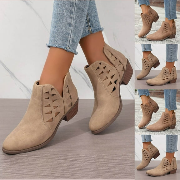 Woman Boots Round Toe Chunky Heel Hollow Slip-on Low Heel Short Boots Winter Snow Boot Casual Outdoor Dressy Shoes