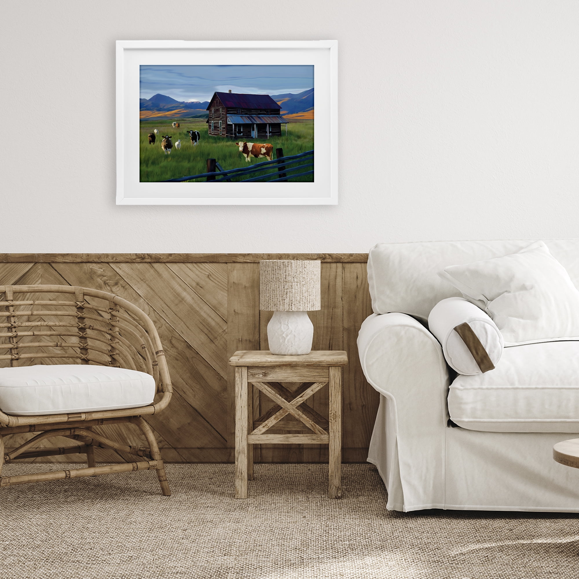Stupell Industries Grazing Cattle at Solitary Cabin White Framed Print Under Glass, design by Renel Peters