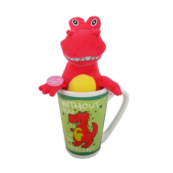 son en peluche dans dinosaure latte
