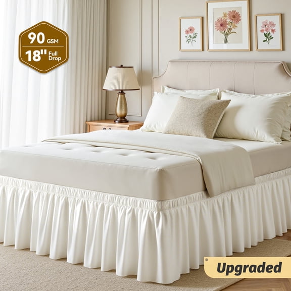 AzulHome Queen Size Bed Skirt Dust Ruffle – 18 Inch Tailored Drop with Adjustable Elastic Belt, Beige Wrap Around Bed Skirt Easy to Install & Clean