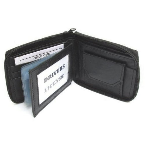 Mens Black Leather Wallet Lamb Zippered Bifold 782