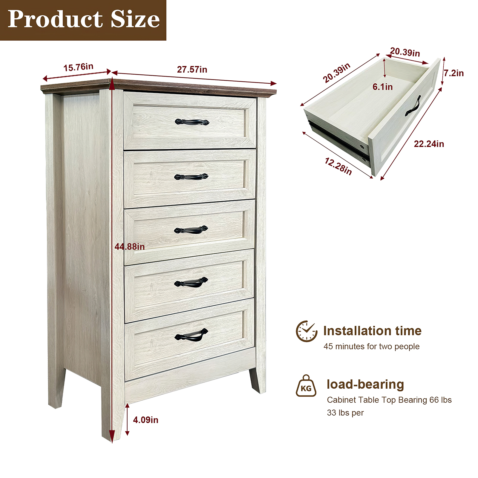 Tzou 5 Drawer Dresser, Farmhouse Tall Dresser for Closet, Rustic Chest of Drawer with Wide Metal Handles, Wood Dressers Organizer for Bedroom, Living Room, Hallway