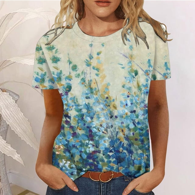 ICHUANYI Clearance Women Fashion Summer Casual Print Round Neck Loose Short Sleeve T-shirt Top Blouse Pullover(Green, L) ICHUANYI WER2023081001594