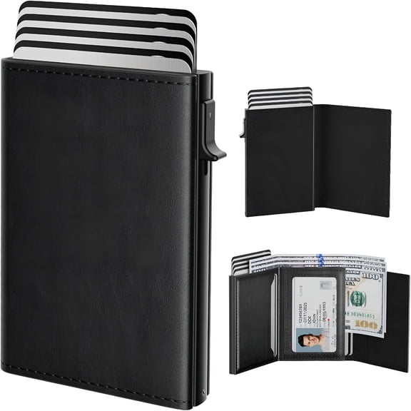 GASTROPOD Mens Wallet Card Holder: Pop Up Aluminum Case, Genuine Leather, RFID Blocking, Slim, Minimalist, Front Pocket - 9-14 Card Capacity | ID Window | Cash Slot - Oil Wax Black