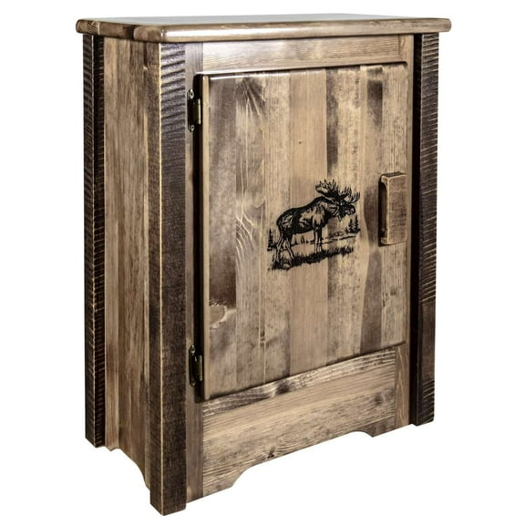 Homestead Collection Accent Cabinet w/ Laser Engraved Moose Design, Left Hinged, Stain & Clear Lacquer Finish