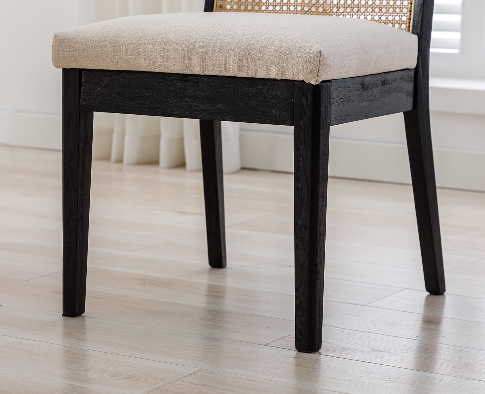 Dayalane Farmhouse Rattan Dining Chairs Set of 2, Mid Century Modern Dining Side Chairs with Black Hardwood Frame, Linen Upholstered French Country Kitchen Chairs for Dining Room Bistro, Beige