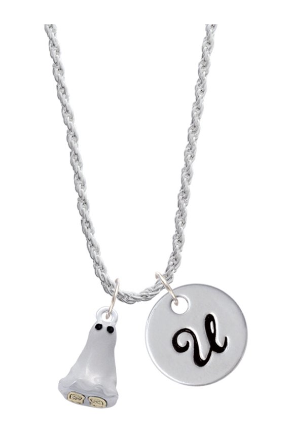 Two-tone 3-D Ghost with Black Crystals Silvertone Script Initial Disc - U - Charm Necklace, 20"+3"