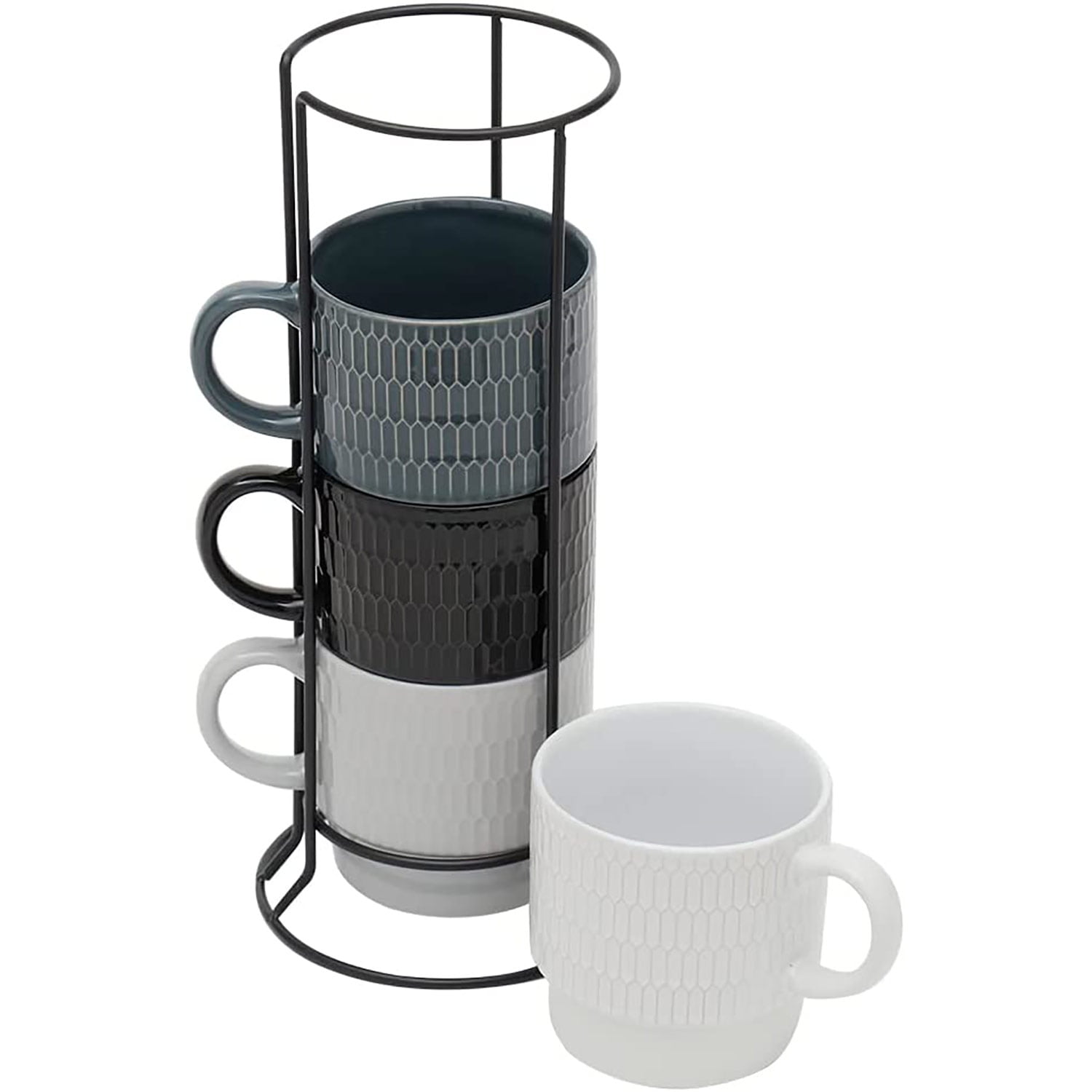 Home Basics 4 Piece Ceramic Stackable Mug Set With Stand, Embossed