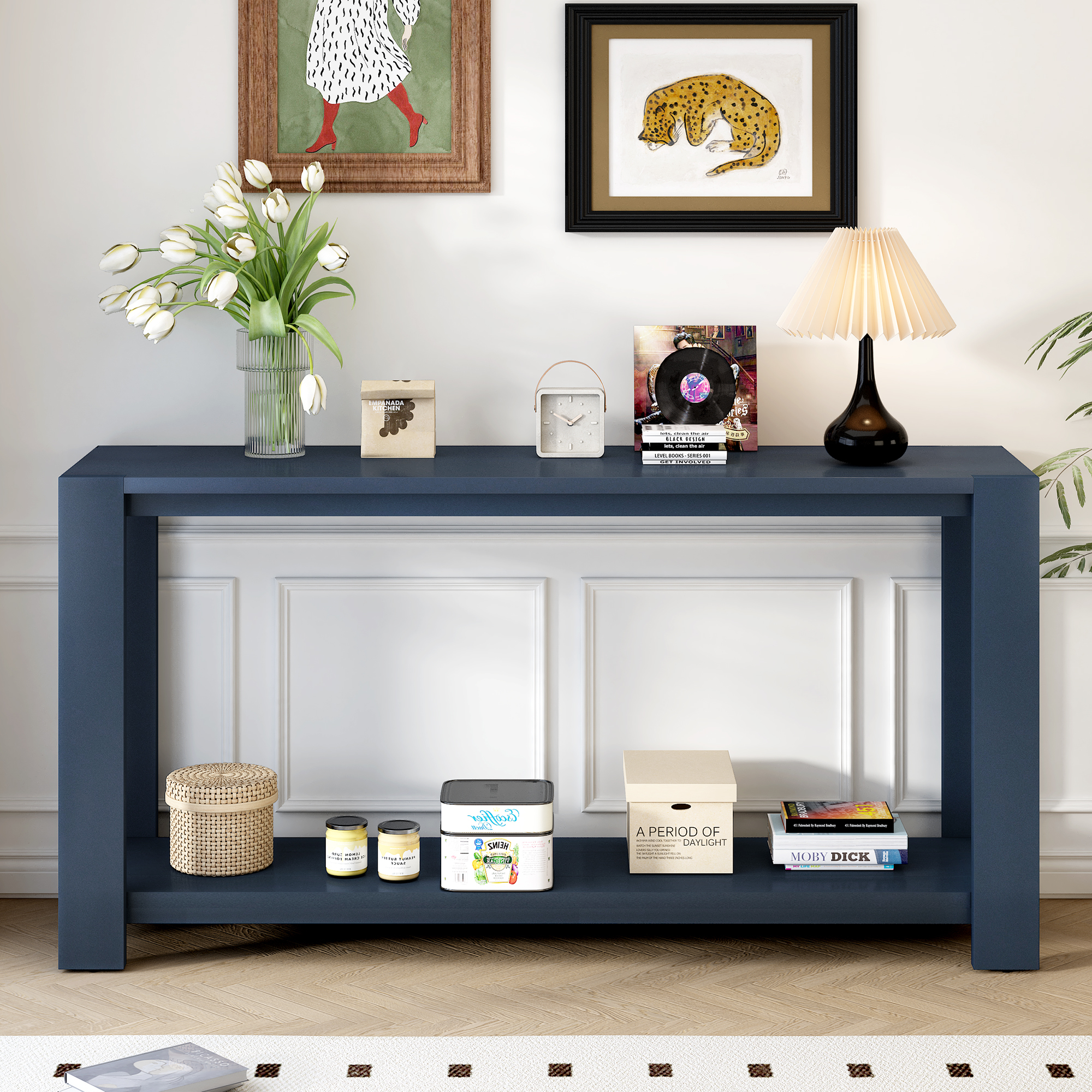Euroco 59.8" Long Console Table, Entryway Table Narrow Sofa Behind Couch with Bottom Shelf for Foyer Hallway Living Room,Navy Blue
