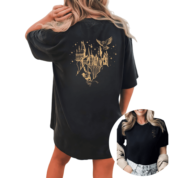 Women Hogwarts Castle Owl Letter Starry Sky Gold Line Art Back Print Graphic Comfortable Tees T Shirt Tops Round-neck Printed Cotton T-Shirt Black S-5XL