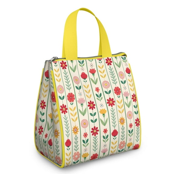 Pioneer Flower Floral Print Pattern Insulated Lunch Bag for Women & Adults,Large Portable Soft Cooler Lunch Bag,Thermal Food Storage Tote with Pearl Cotton,8.66L,8.75x5.75x9.5 Inch
