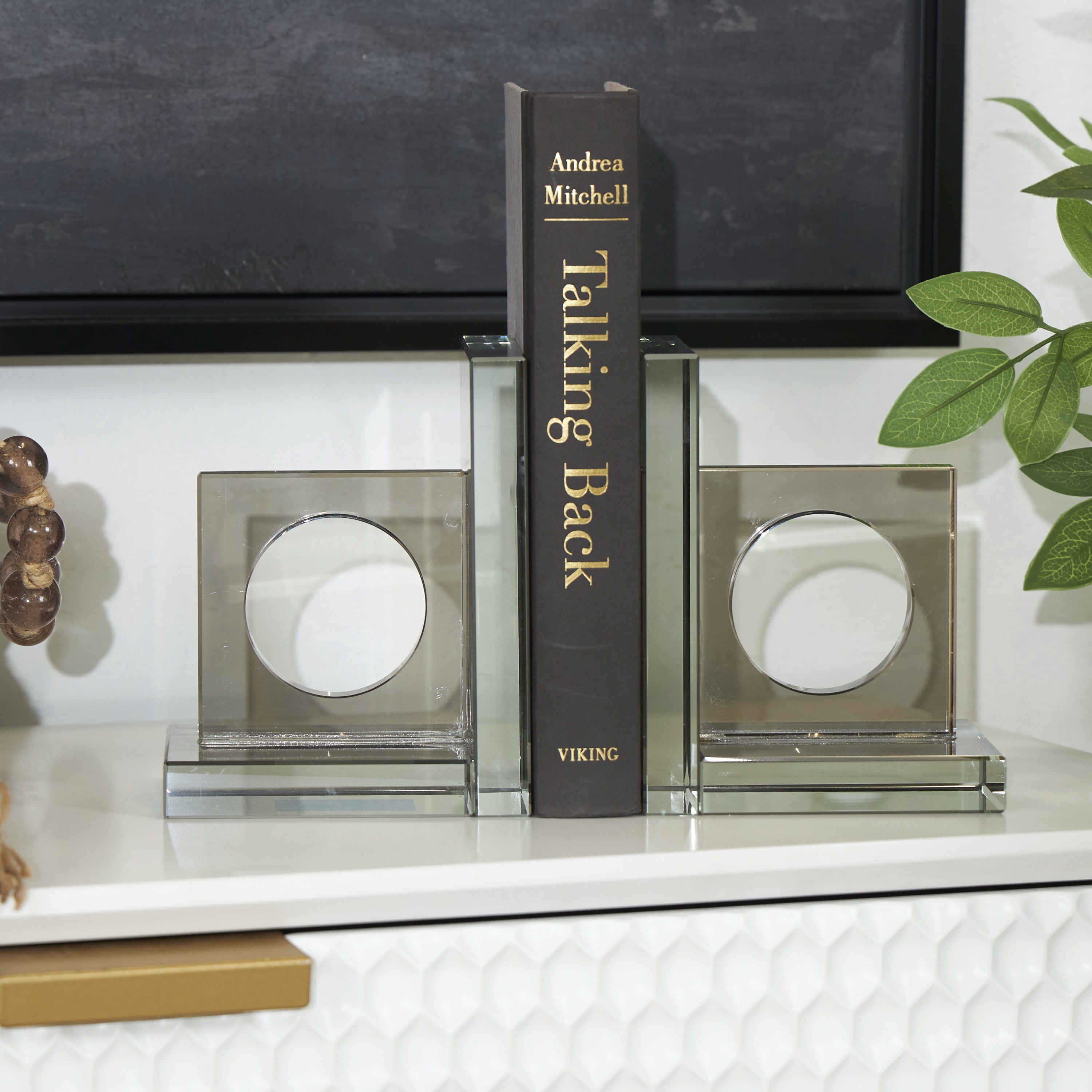DecMode 5" Square Geometric Silver Crystal Bookends with Circle Cut Outs (Set of 2)