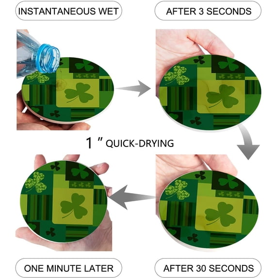 FMSHPON Happy St. Patrick's Day Clover Set of 4 Round Coaster for Drinks, Absorbent Ceramic Stone Coasters Cup Mat with Cork Base for Home Kitchen Room Coffee Table Bar Decor