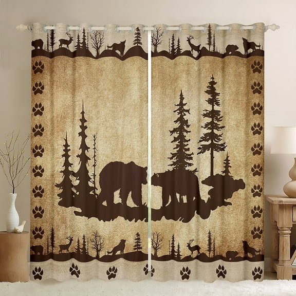 2 Panels,(38Wx45L) Bear Curtains,Rustic Cabin Darkening Curtains,Farmhouse Country Antique Bear Moose Wildlife Window Curtains,Vintage Hunting Camping Tree Woodland Window Treatments
