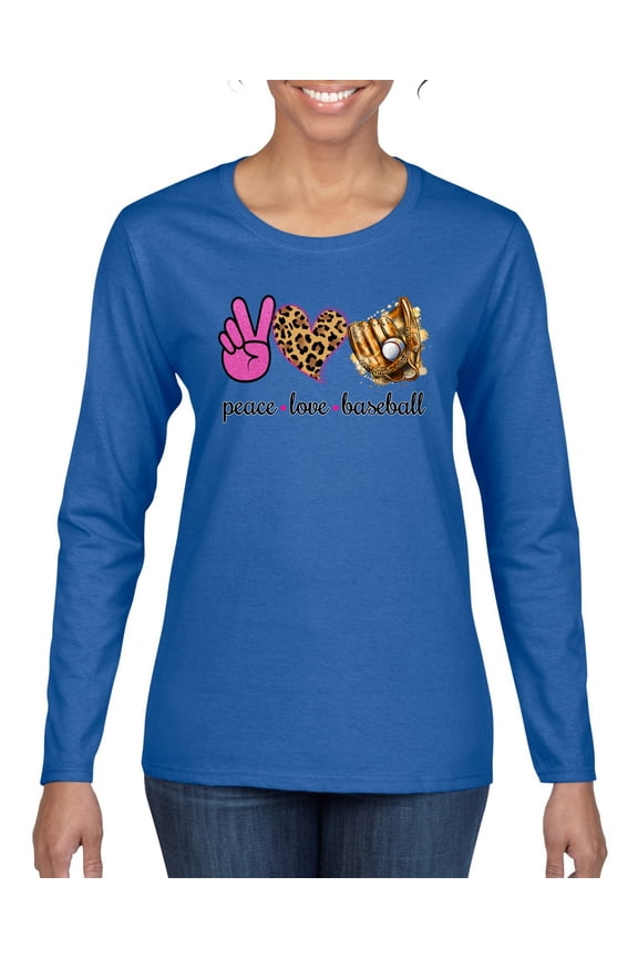 Peace Love Baseball Sports Womens Graphic Long Sleeve T-Shirt, Royal, Large