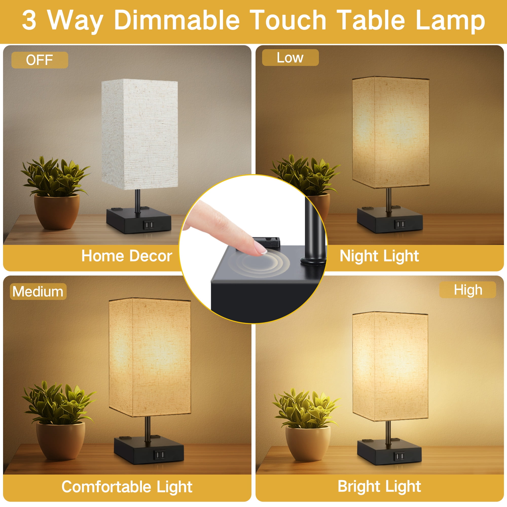 OUTON Touch Control Table Lamp Set of 2 for Living Room, Dimmable Bedside Lamp with USB C+A Ports, Modern Tall Nightstand Lamp for Bedroom,Bulbs Included, Black