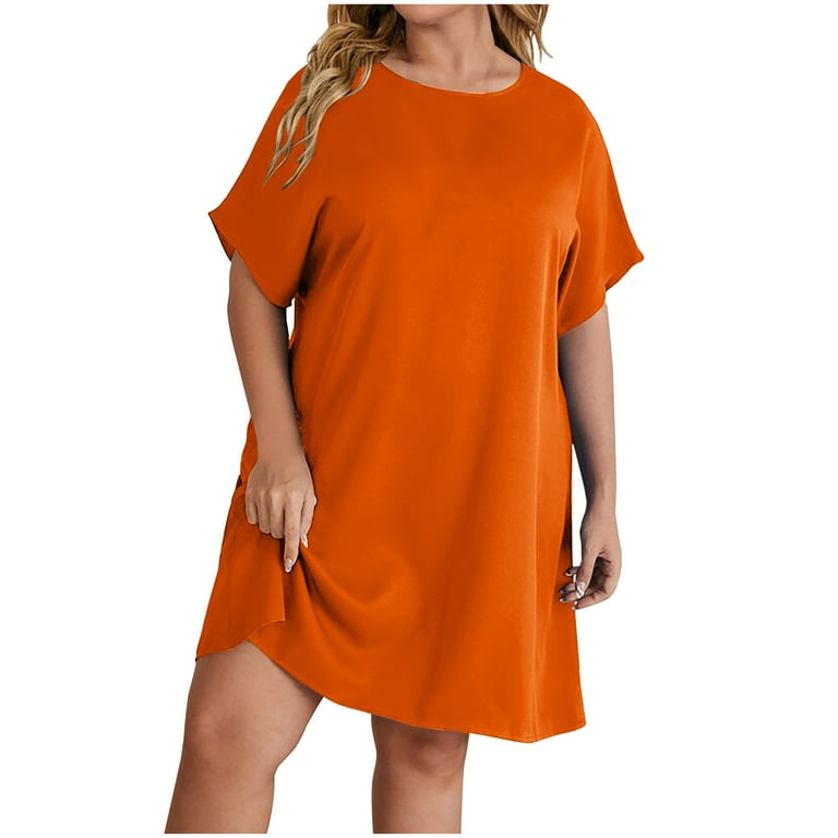 Dasayo Daytime Plus Size Dresses Women Orange Short Sleeve Shift Dress Above Knee Crew Neck Solid Dresses XXXL